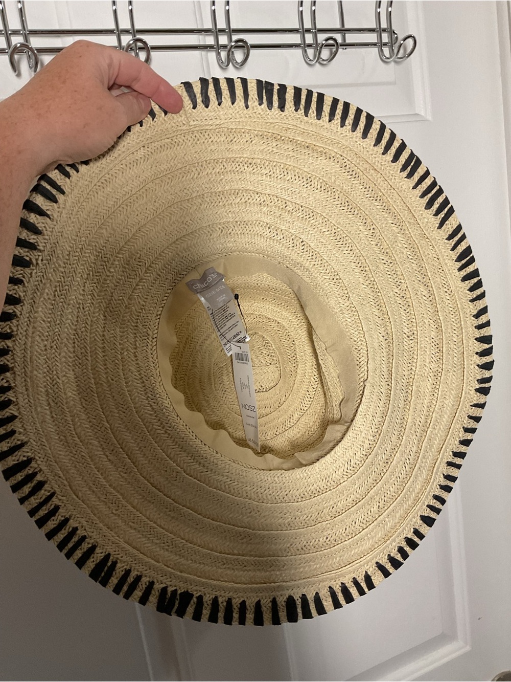 Chico’s Straw Sun Hat Cowrie Shell Trim Black Whipstitch Wide Brim Beach Resort - Picture 14 of 14